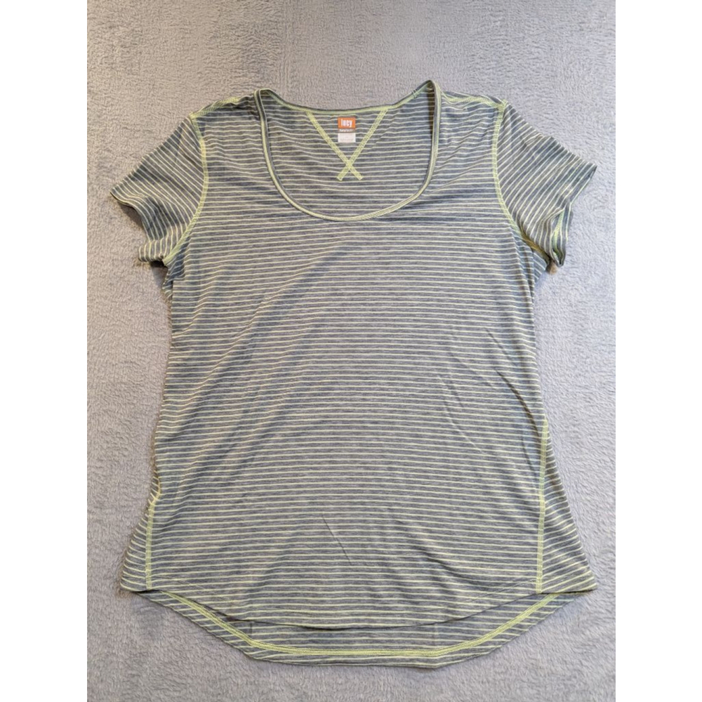 Women's Lucy Gray Green Striped Short Sleeve Tee L Fitted Very soft